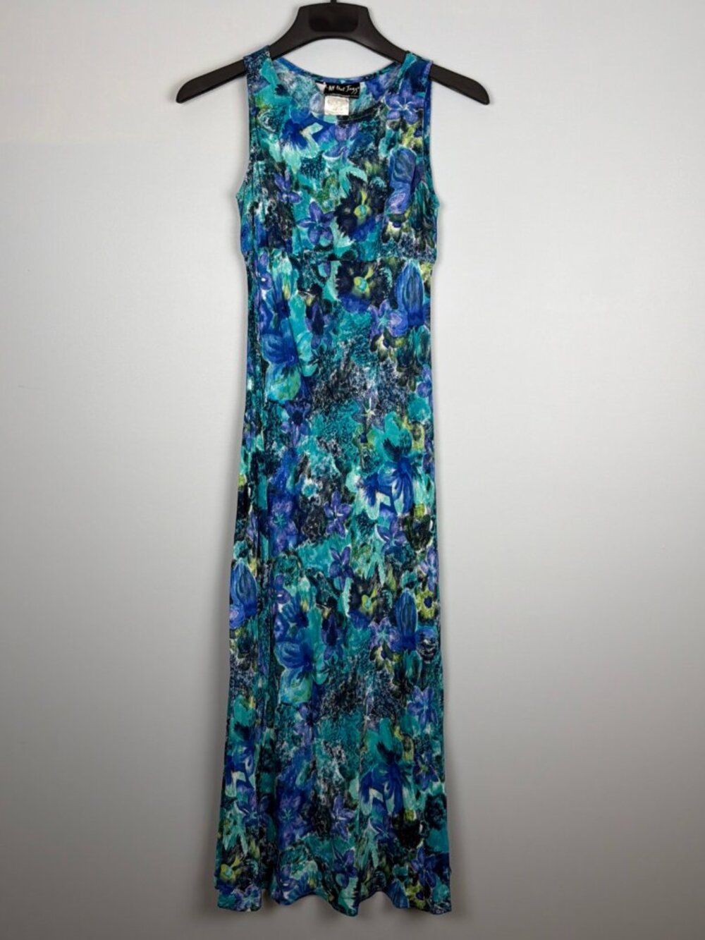 Vtg All That Jazz Dress Women 5/6 Blue Tropical Floral Maxi Fairy Grunge 90s